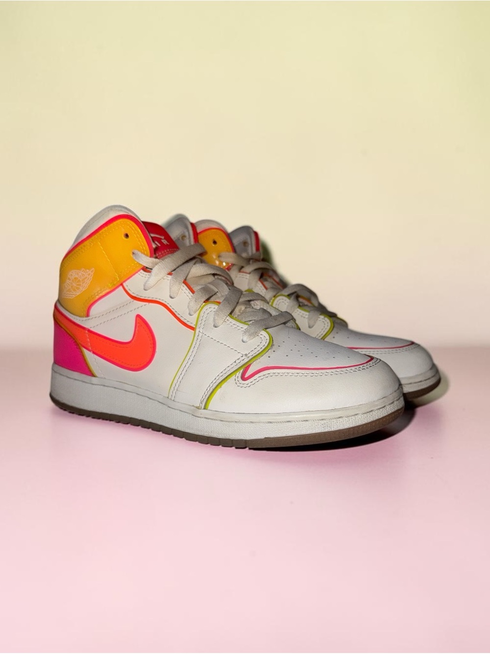Nike Kids High-Top Sneakers in White with Pink, Yellow & Neon Orange Accents